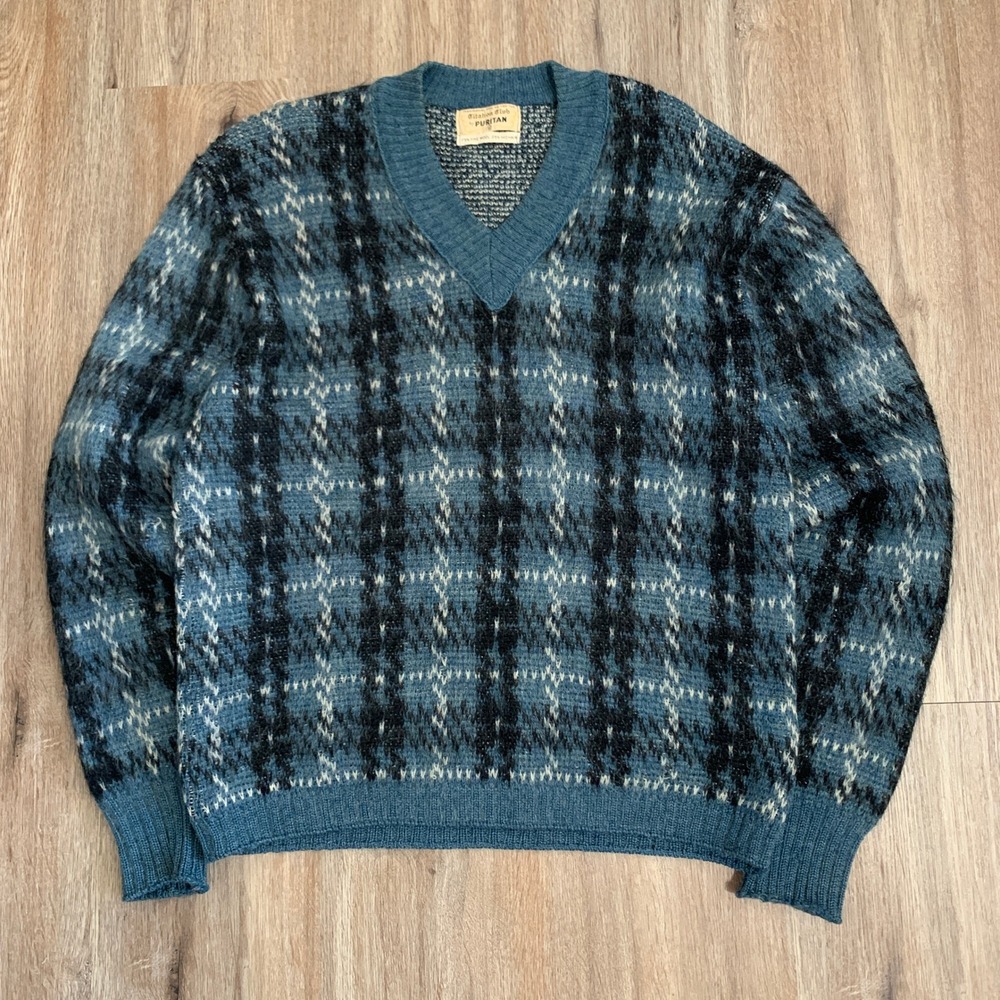 Vintage 60s Citation Club by Puritan Wool Mohair Plaid Vneck Sweater - 42 mens